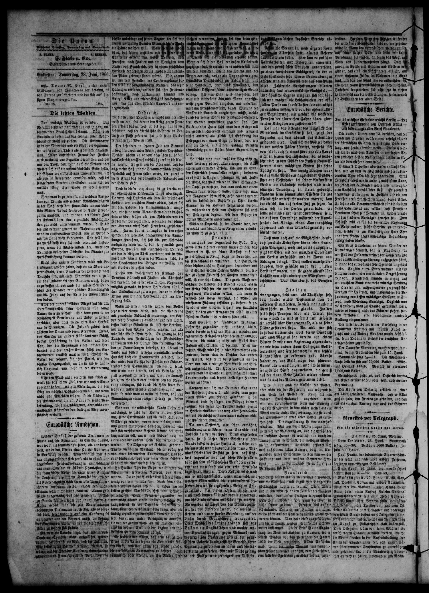 Die Union (Galveston, Tex.), Vol. 8, No. 105, Ed. 1 Thursday, June 28, 1866
                                                
                                                    [Sequence #]: 2 of 4
                                                