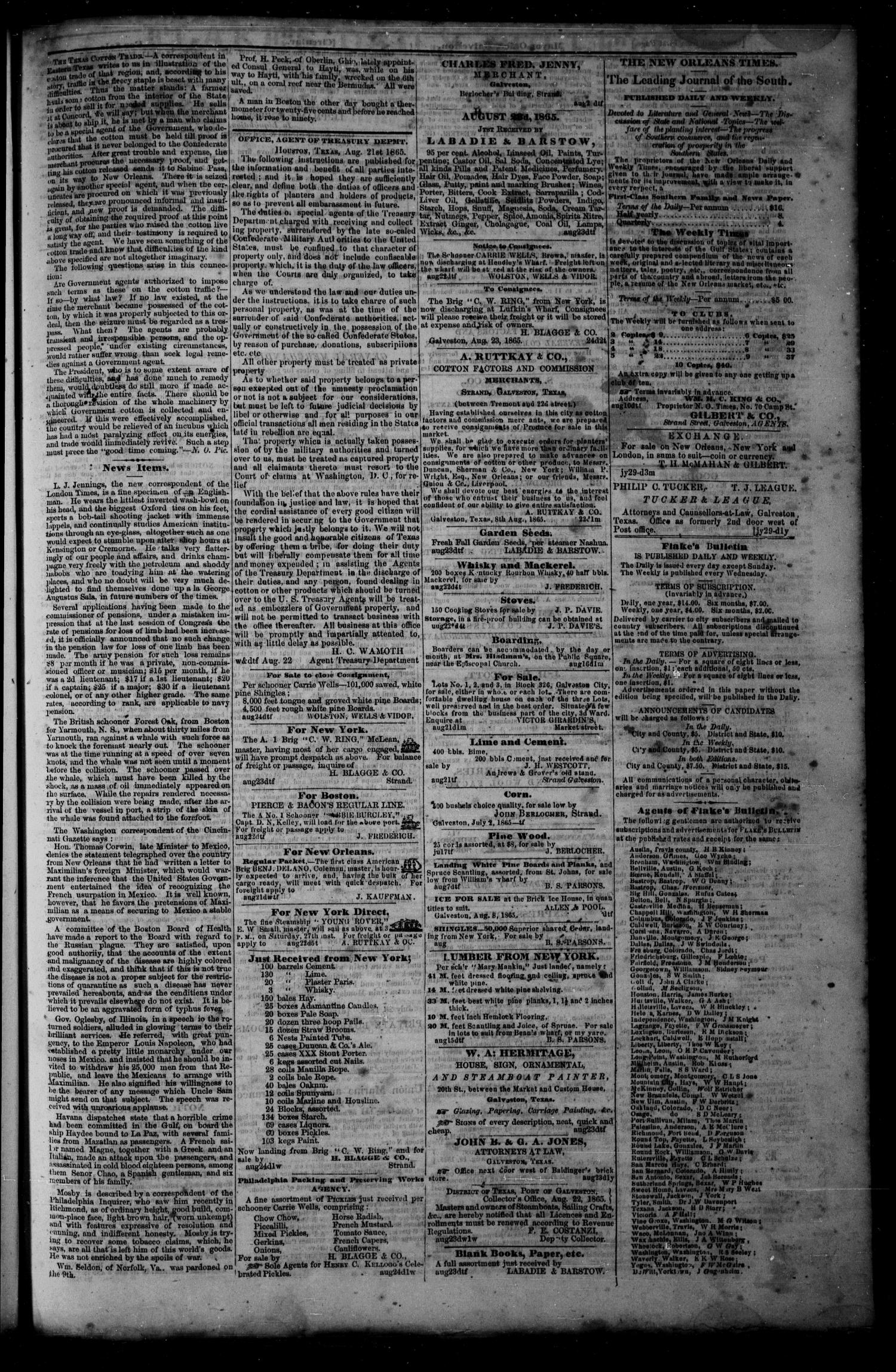 Flake's Daily Bulletin. (Galveston, Tex.), Vol. 1, No. 61, Ed. 1 Friday, August 25, 1865
                                                
                                                    [Sequence #]: 3 of 4
                                                