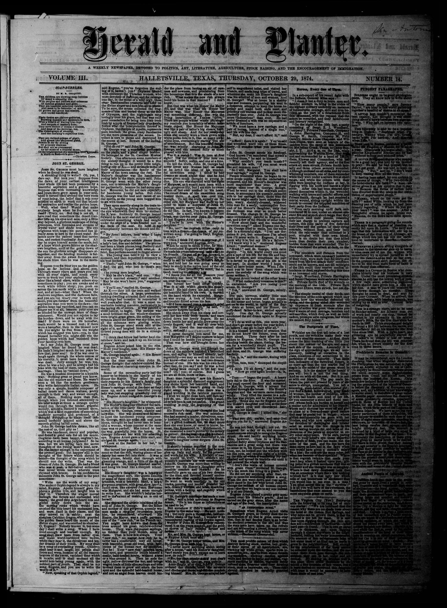 Herald and Planter (Hallettsville, Tex.), Vol. 3, No. 14, Ed. 1 Thursday, October 29, 1874
                                                
                                                    [Sequence #]: 1 of 4
                                                