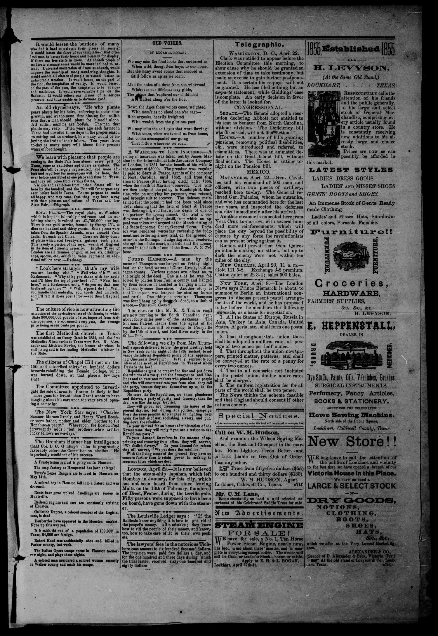 News Echo (Lockhart, Tex.), Vol. 1, No. 7, Ed. 1 Saturday, April 27, 1872
                                                
                                                    [Sequence #]: 3 of 6
                                                