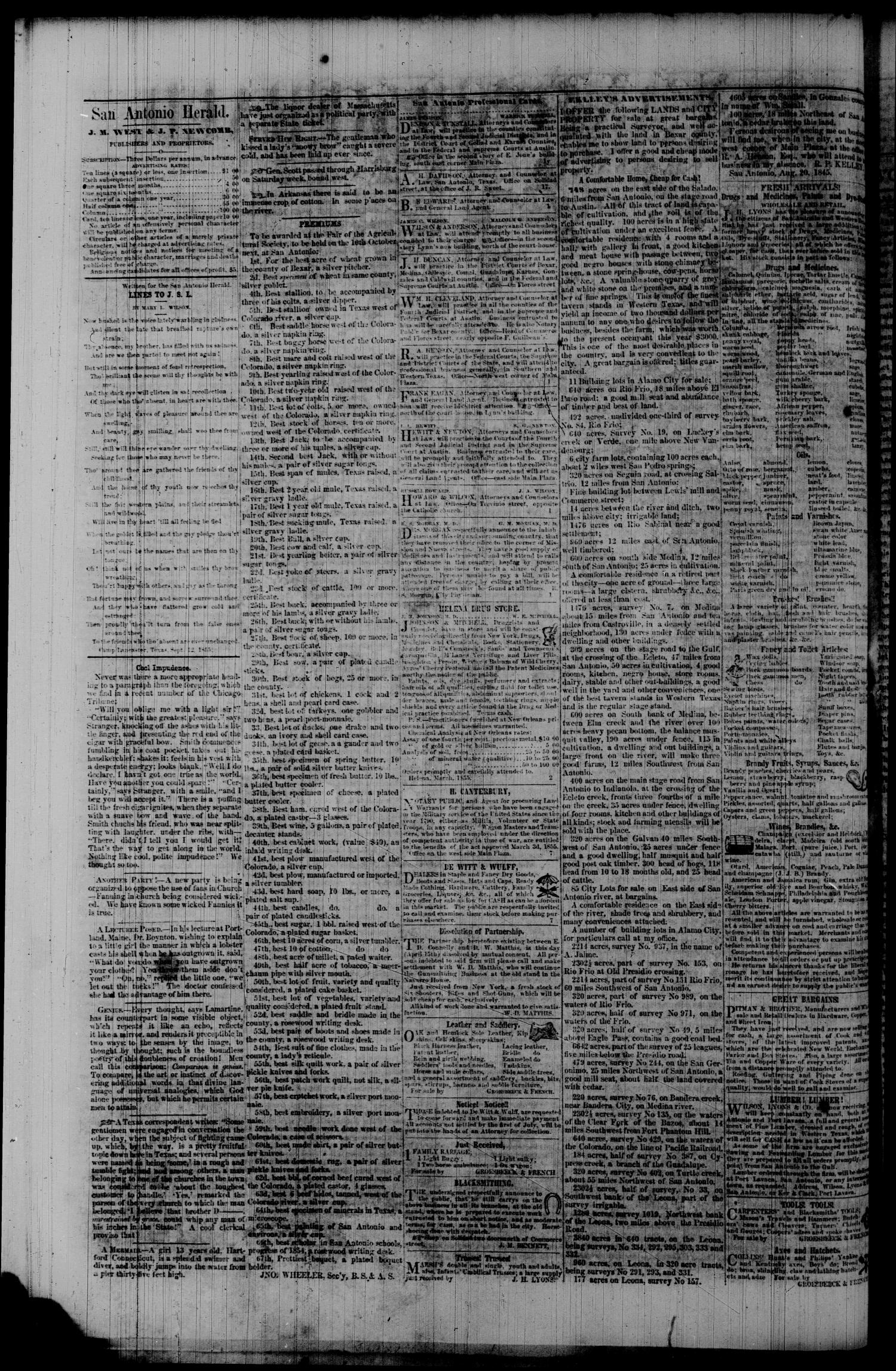 San Antonio Herald. (San Antonio, Tex.), Vol. 1, No. 24, Ed. 1 Tuesday, October 2, 1855
                                                
                                                    [Sequence #]: 4 of 4
                                                