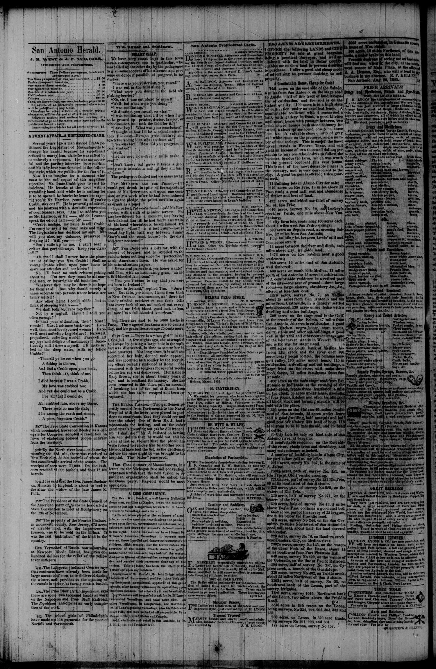 San Antonio Herald San Antonio Tex Vol 1 No 26 Ed 1 Tuesday October 16 1855 Page 4 Of 4 The Portal To Texas History