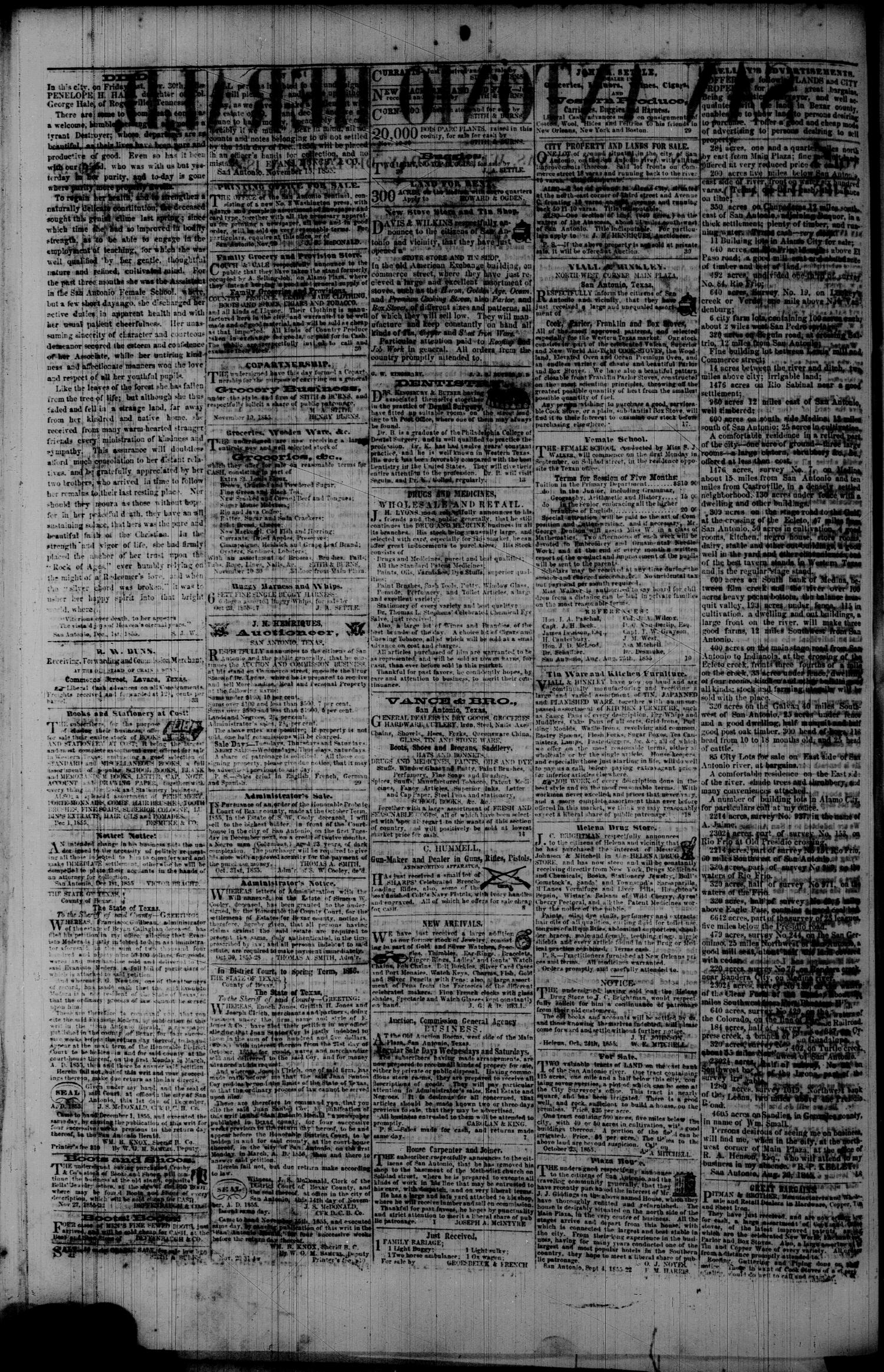 San Antonio Herald San Antonio Tex Vol 1 No 33 Ed 1 Wednesday December 5 1855 Page 2 Of 2 The Portal To Texas History