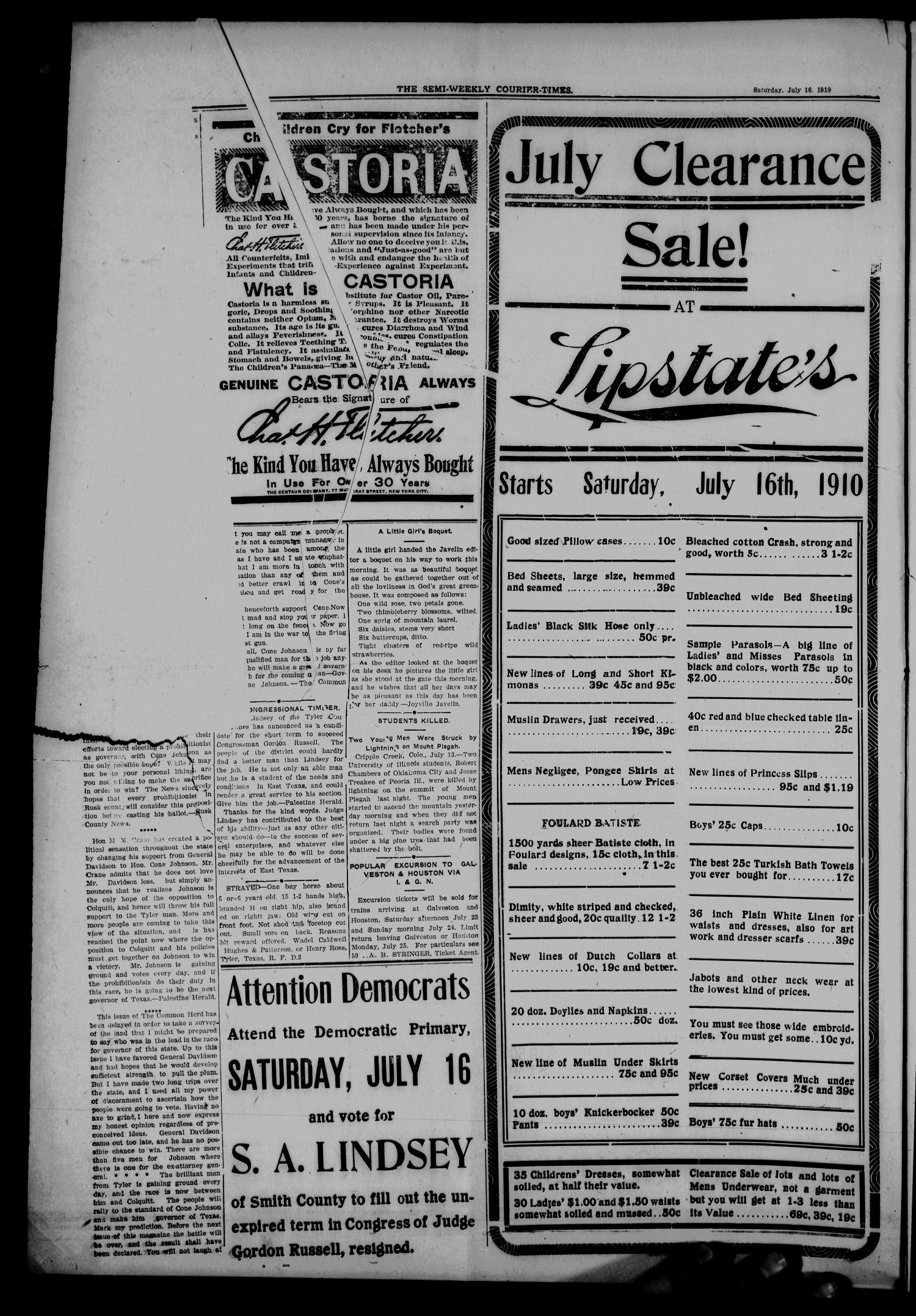 Semi-Weekly Courier-Times. (Tyler, Tex.), Vol. 27, No. 57, Ed. 1 Saturday, July 16, 1910
                                                
                                                    [Sequence #]: 2 of 12
                                                