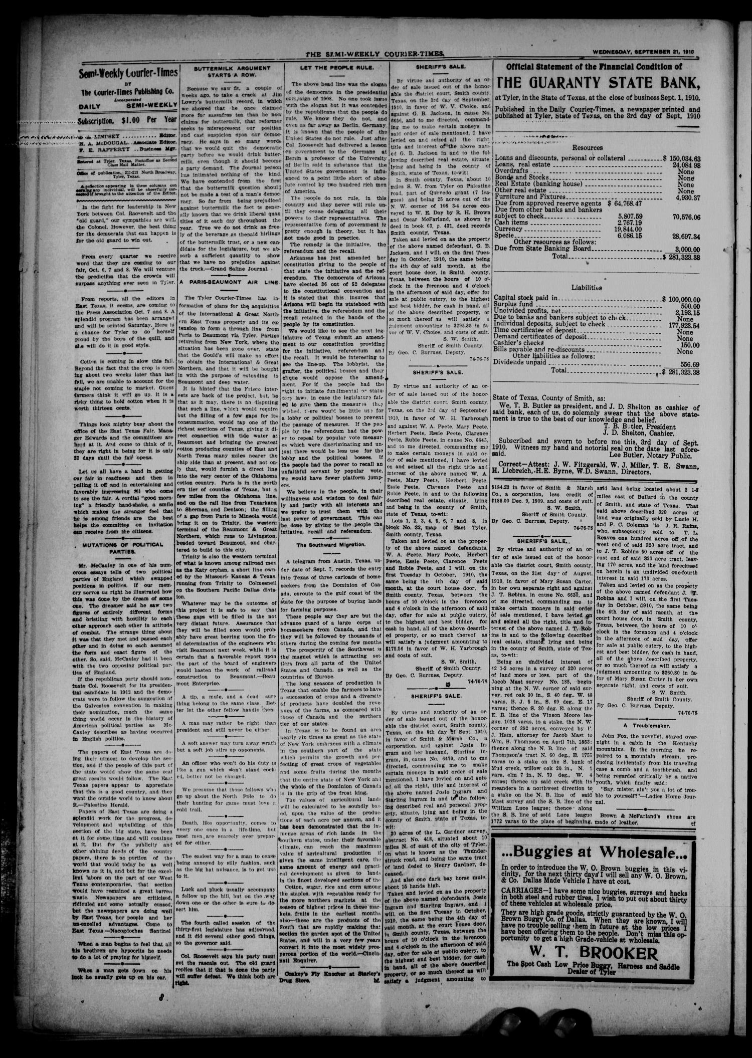 Semi-Weekly Courier-Times. (Tyler, Tex.), Vol. 27, No. 76, Ed. 1 Wednesday, September 21, 1910
                                                
                                                    [Sequence #]: 2 of 8
                                                