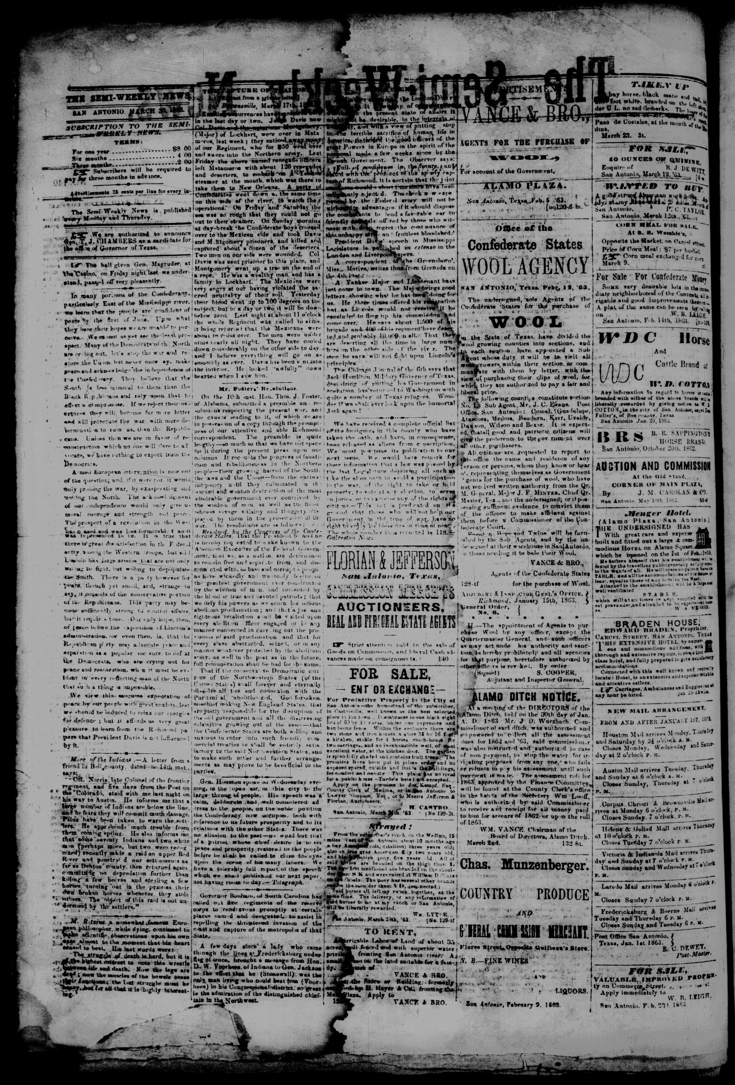 The Semi-Weekly News. (San Antonio, Tex.), Vol. 2, No. 140, Ed. 1 Monday, March 30, 1863
                                                
                                                    [Sequence #]: 2 of 2
                                                