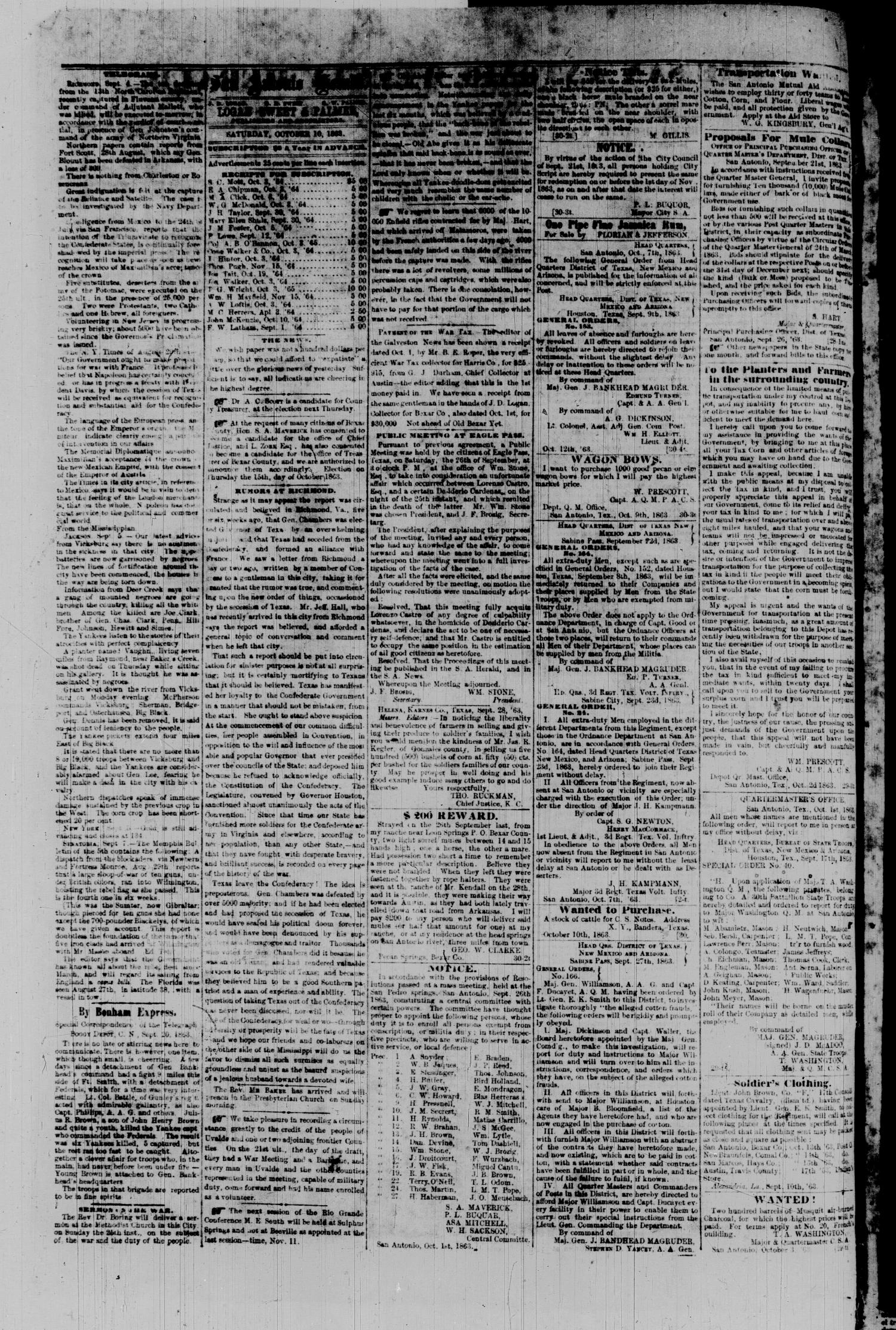 The San Antonio Weekly Herald. (San Antonio, Tex.), Vol. 9, No. 30, Ed. 1 Saturday, October 10, 1863
                                                
                                                    [Sequence #]: 2 of 2
                                                