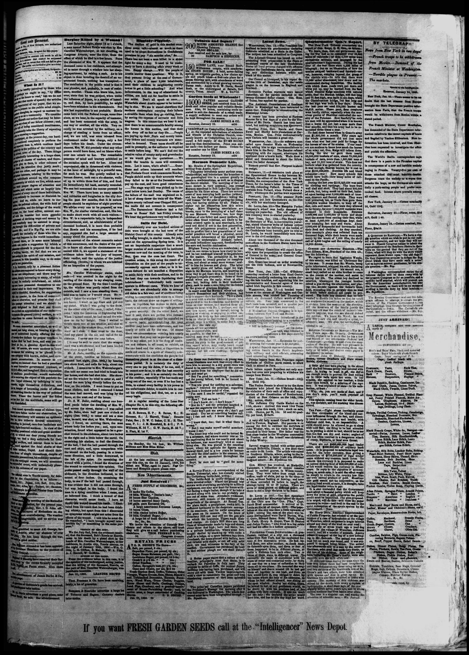 The Southern Intelligencer. (Austin, Tex.), Vol. 1, No. 30, Ed. 1 Thursday, January 25, 1866
                                                
                                                    [Sequence #]: 3 of 4
                                                
