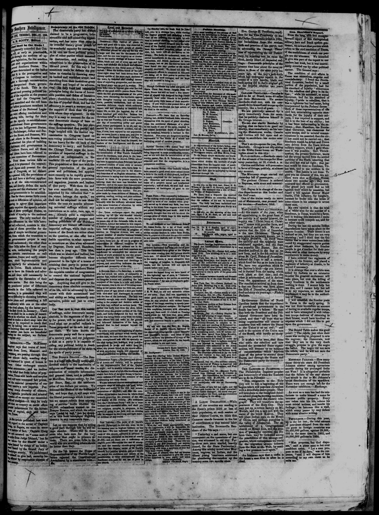 The Southern Intelligencer. (Austin, Tex.), Vol. 2, No. 26, Ed. 1 Thursday, December 27, 1866
                                                
                                                    [Sequence #]: 3 of 4
                                                