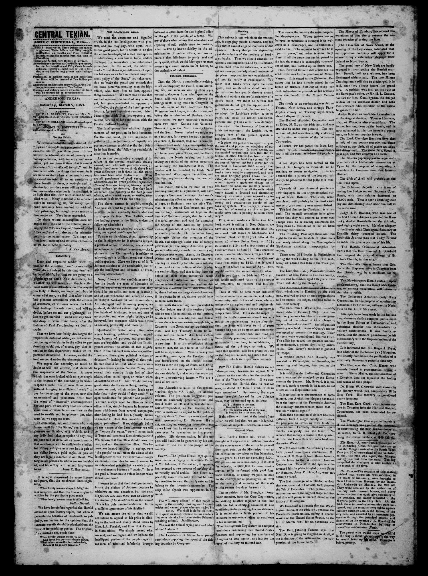 The Central Texian. (Anderson, Tex.), Vol. 3, No. 40, Ed. 1 Saturday, March 7, 1857
                                                
                                                    [Sequence #]: 2 of 4
                                                