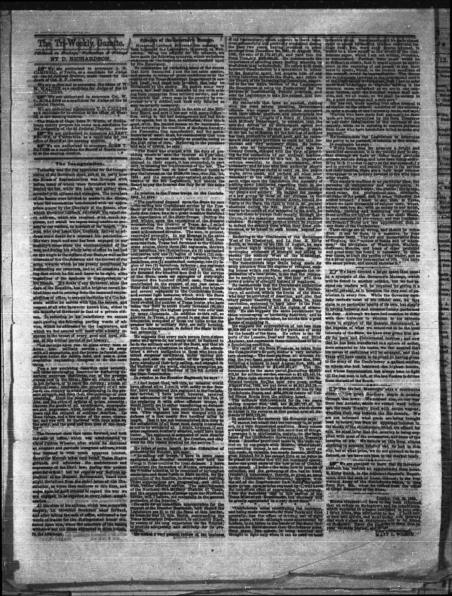 Tri-Weekly State Gazette. (Austin, Tex.), Vol. 2, No. 11, Ed. 1 Friday, November 6, 1863
                                                
                                                    [Sequence #]: 2 of 2
                                                
