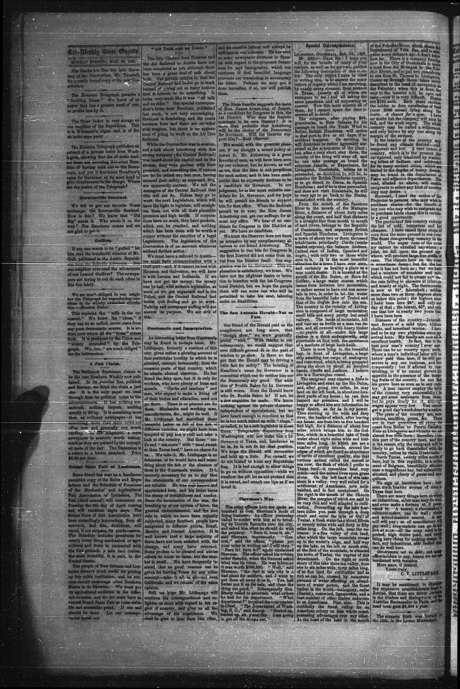 Tri-Weekly Texas State Gazette. (Austin, Tex.), Vol. 2, No. 51, Ed. 1 Monday, March 29, 1869
                                                
                                                    [Sequence #]: 2 of 4
                                                