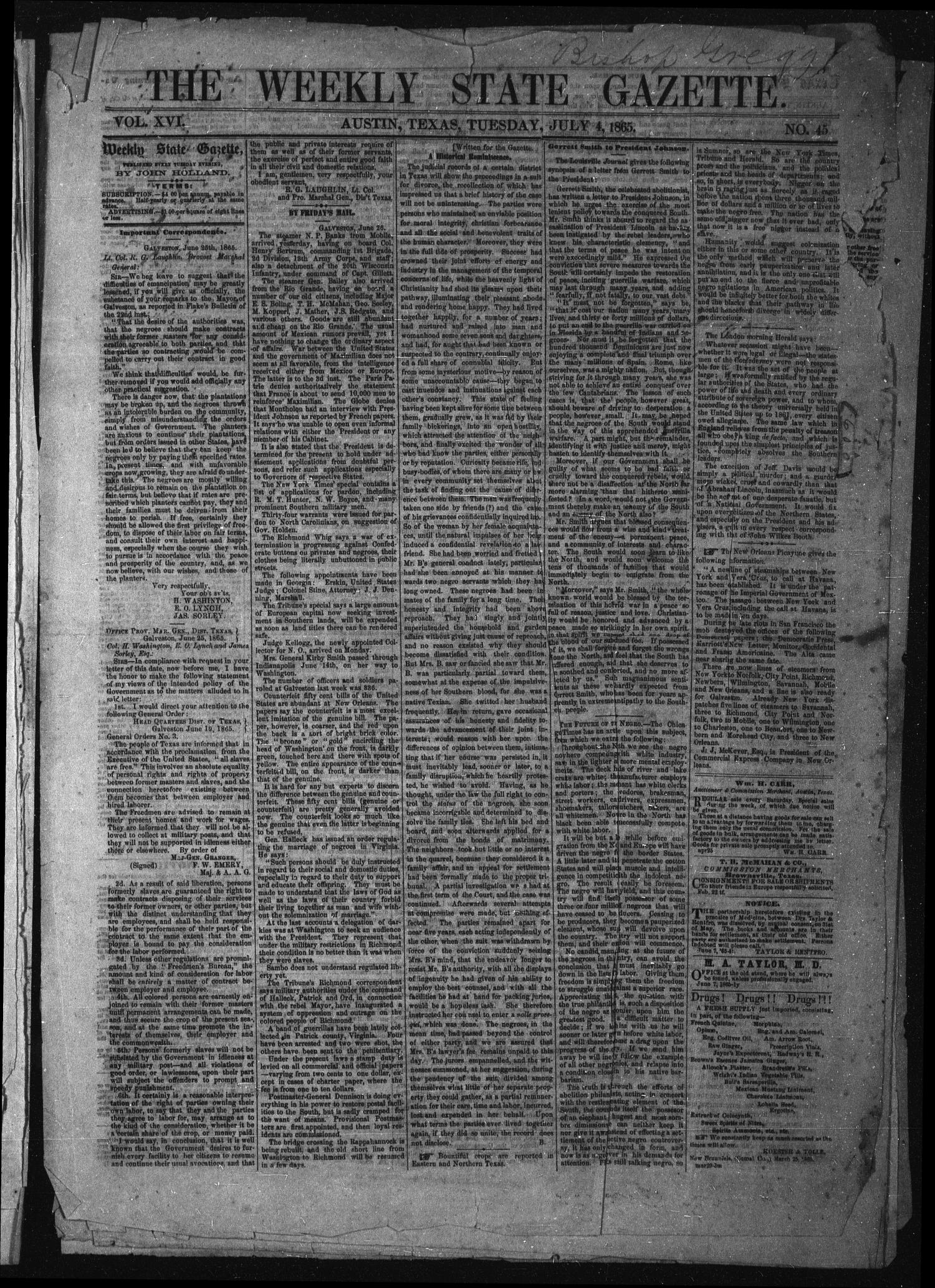 The Weekly State Gazette. (Austin, Tex.), Vol. 16, No. 45, Ed. 1 Tuesday, July 4, 1865
                                                
                                                    [Sequence #]: 1 of 2
                                                