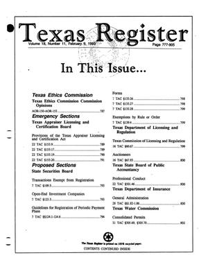 Primary view of object titled 'Texas Register, Volume 18, Number 11, Pages 777-905, February 9, 1993'.