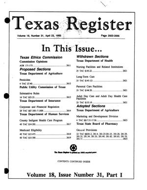 Primary view of object titled 'Texas Register, Volume 18, Number 31, Part I, Pages 2603-2696, April 23, 1993'.