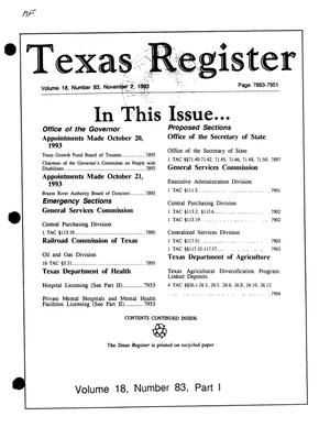 Primary view of object titled 'Texas Register, Volume 18, Number 83, Part I, Pages 7883-7951, November 2, 1993'.