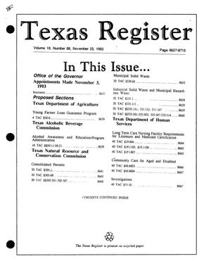 Primary view of object titled 'Texas Register, Volume 18, Number 88, Pages 8627-8713, November 23, 1993'.