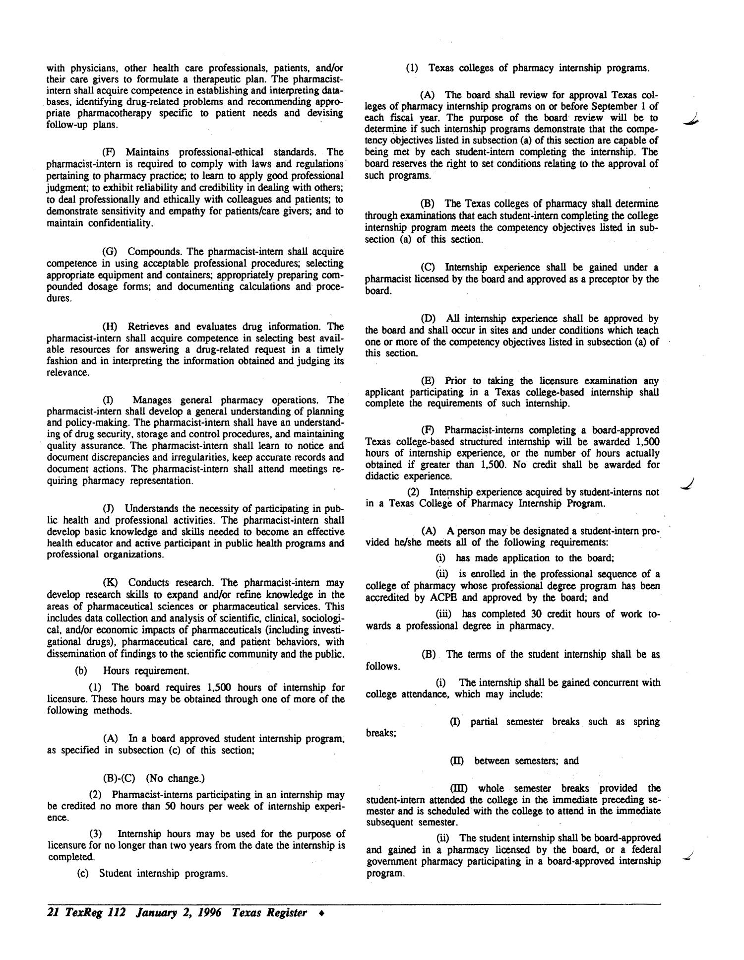 Texas Register, Volume 21, Number 1, (Part II) Pages 105-178, January 2, 1996
                                                
                                                    112
                                                