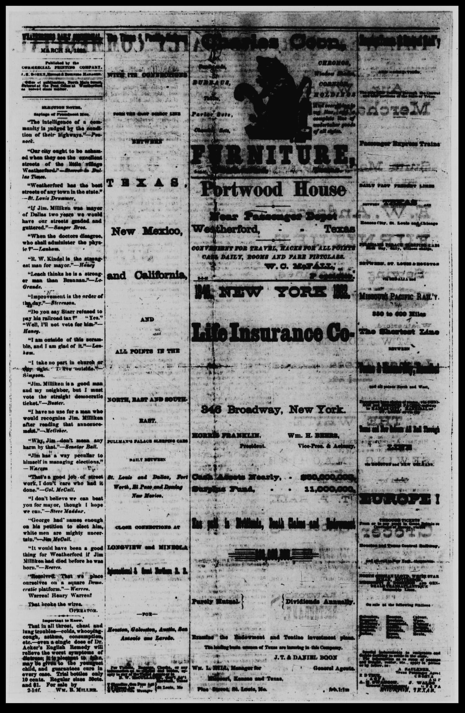 The Weatherford Daily Commercial (Weatherford, Tex.), Vol. 1, No. 301, Ed. 1 Tuesday, March 14, 1882
                                                
                                                    [Sequence #]: 2 of 4
                                                