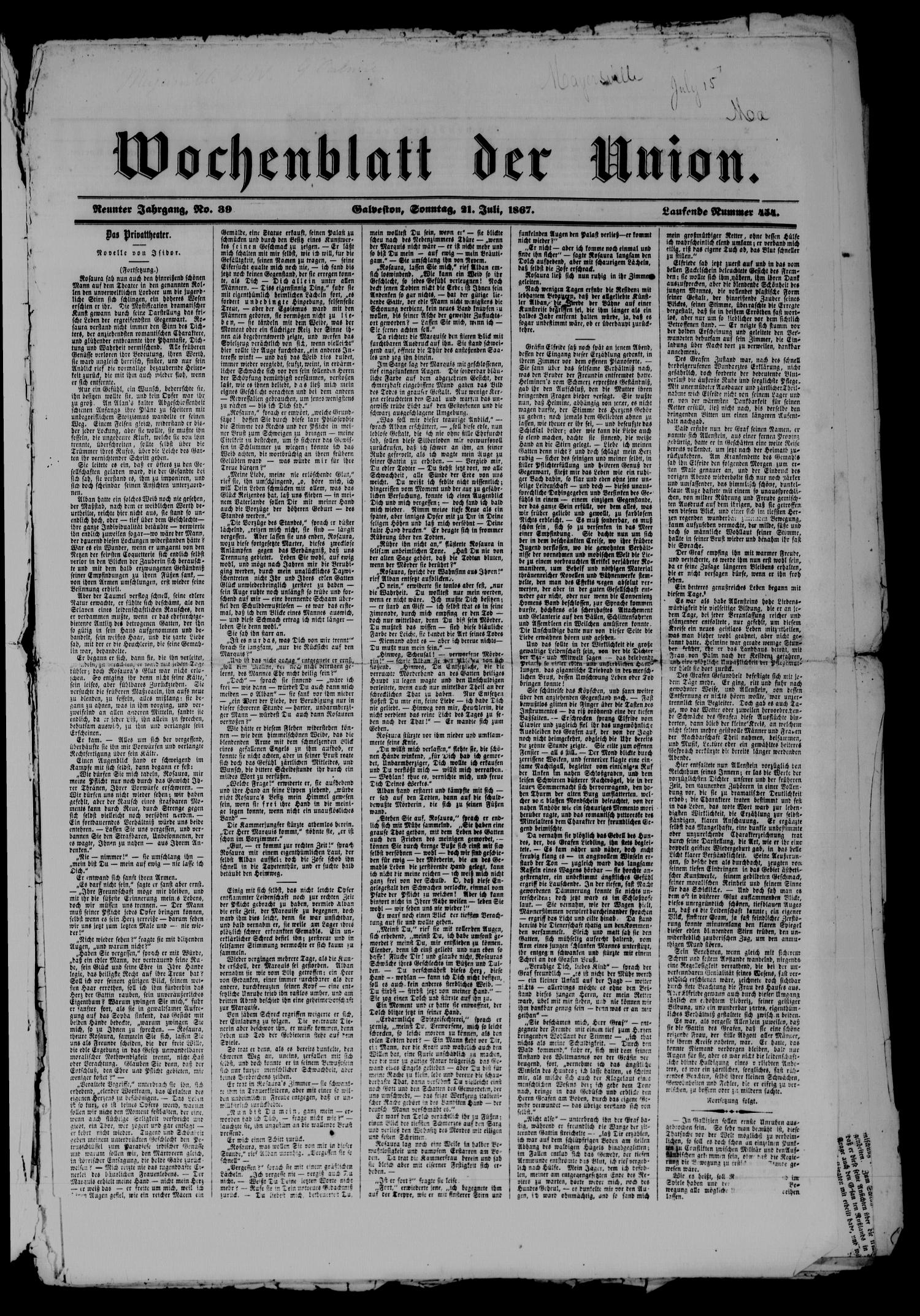 Wochenblatt der Union (Galveston, Tex.), Vol. 9, No. 39, Ed. 1 Sunday, July 21, 1867
                                                
                                                    [Sequence #]: 1 of 8
                                                