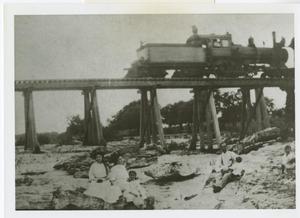 Primary view of object titled '[Locomotive on bridge]'.