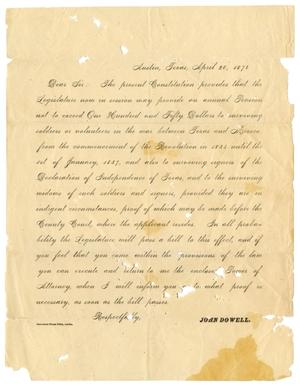 Primary view of object titled '[Letter from John Dowell, April 20, 1876]'.