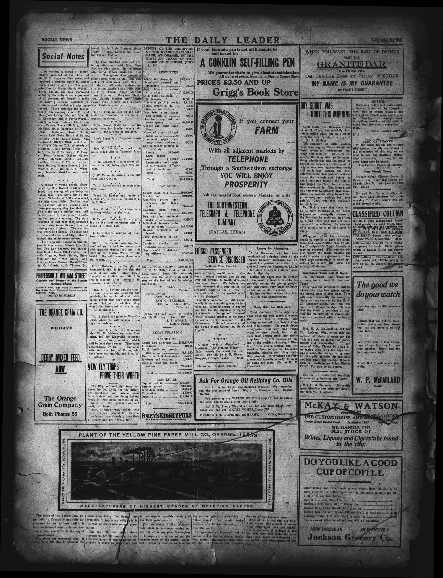 The Daily Leader. (Orange, Tex.), Vol. 5, No. 86, Ed. 1 Wednesday, June 19, 1912
                                                
                                                    [Sequence #]: 4 of 4
                                                