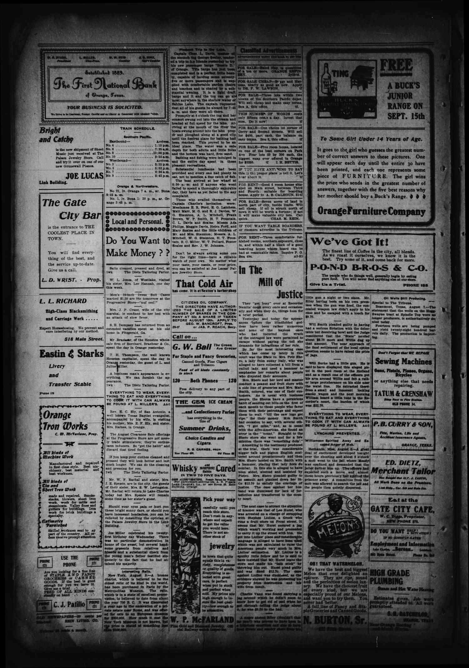 Orange Daily Tribune. (Orange, Tex.), Vol. 2, No. 116, Ed. 1 Monday, August 10, 1903
                                                
                                                    [Sequence #]: 2 of 5
                                                