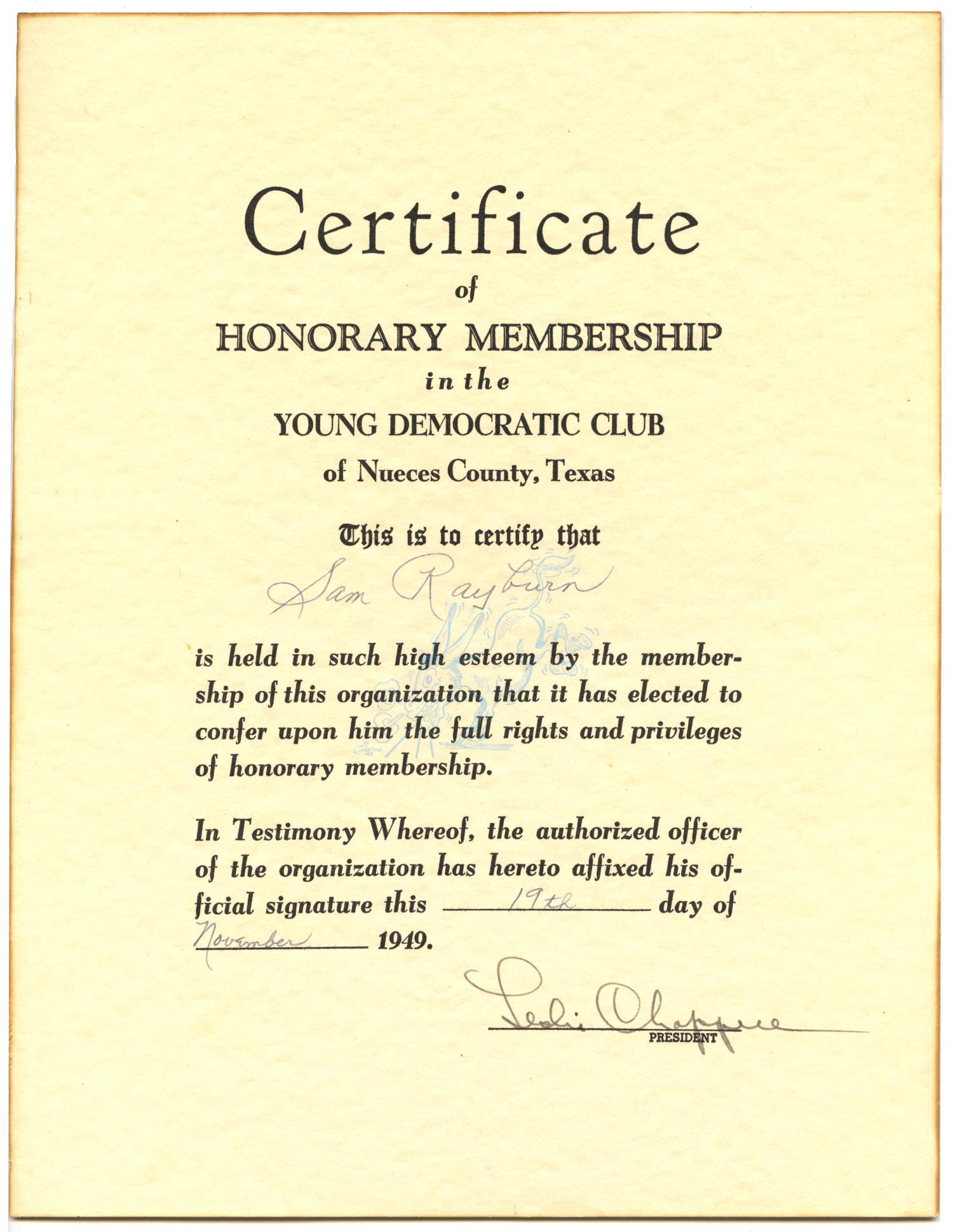 Certificate of Honorary Membership in the Young Democratic 