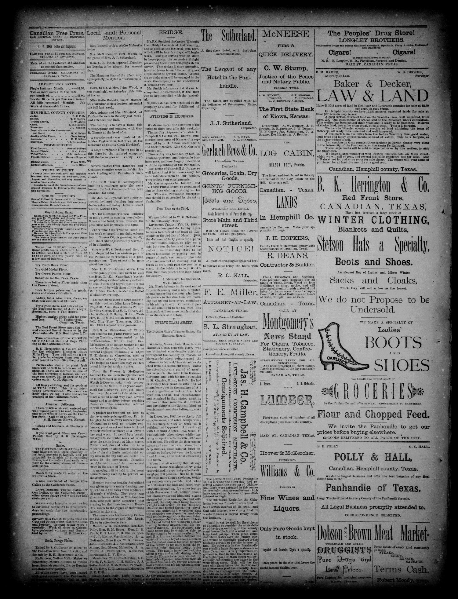 Canadian Free Press. (Canadian, Tex.), Vol. 1, No. 28, Ed. 1 Wednesday, February 29, 1888
                                                
                                                    [Sequence #]: 4 of 4
                                                