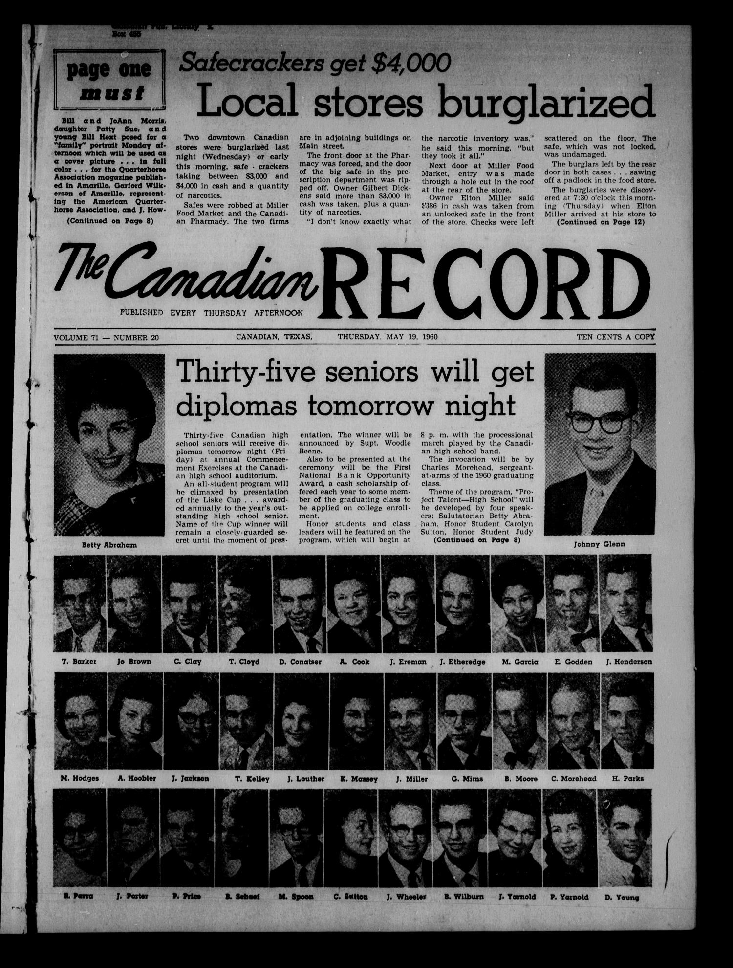 The Canadian Record (Canadian, Tex.), Vol. 71, No. 20, Ed. 1 Thursday, May 19, 1960
                                                
                                                    [Sequence #]: 1 of 16
                                                