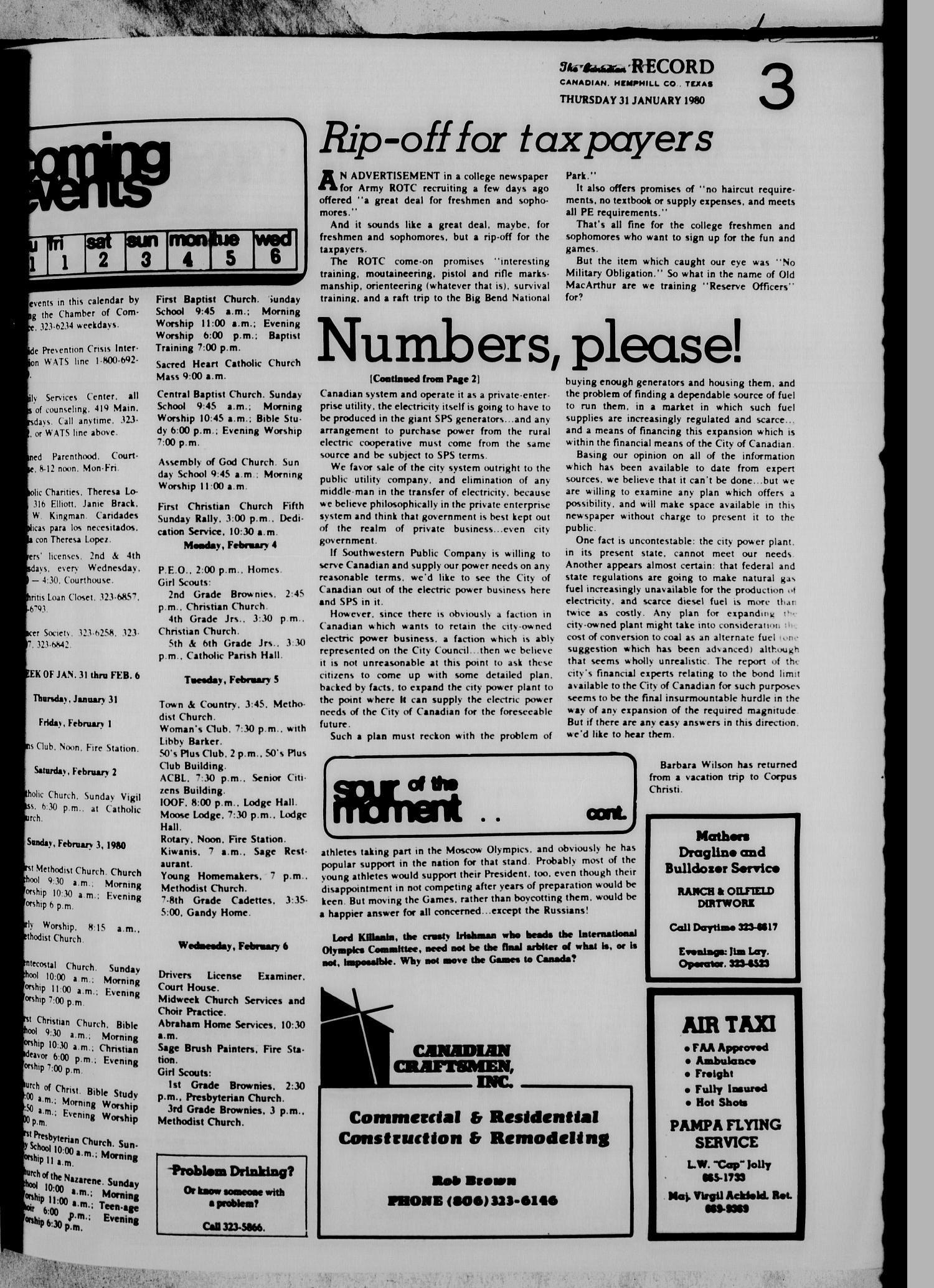 The Canadian Record (Canadian, Tex.), Vol. 91, No. 5, Ed. 1 Thursday, January 31, 1980
                                                
                                                    [Sequence #]: 3 of 28
                                                