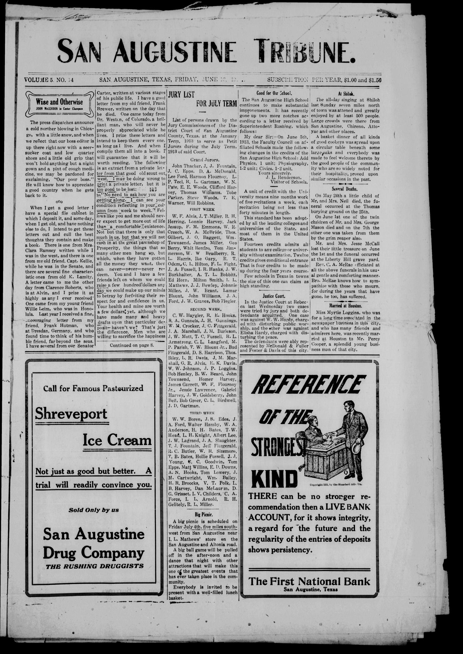 San Augustine Tribune. (San Augustine, Tex.), Vol. 5, No. 14, Ed. 1 Friday, June 13, 1913
                                                
                                                    [Sequence #]: 1 of 8
                                                