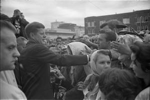 [President Kennedy with crowds outside the Hotel Texas]