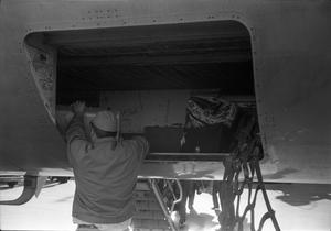Primary view of object titled '[An airport worker putting cases in the luggage compartment of a plane]'.