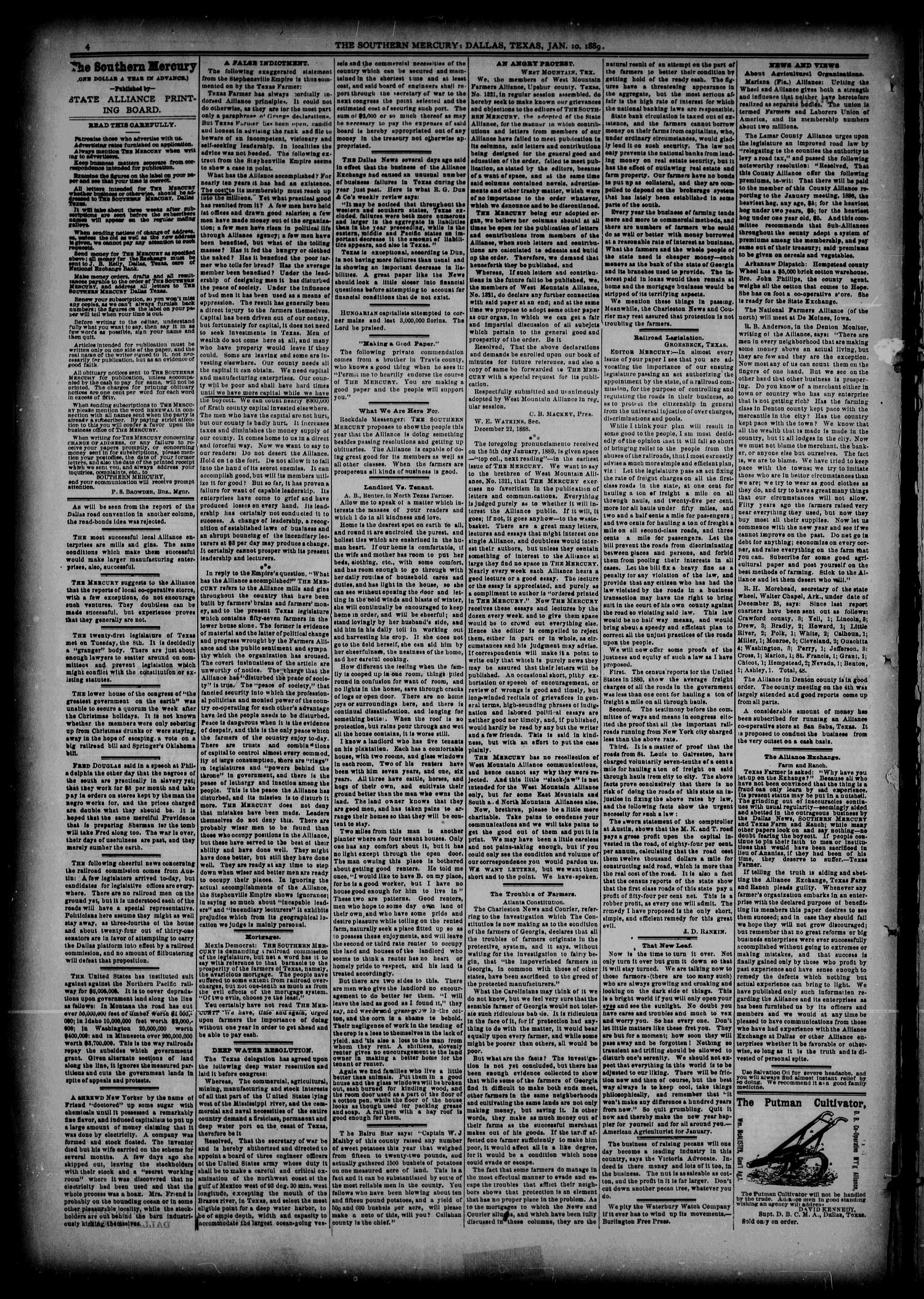 The Southern Mercury (Dallas, Tex.), Vol. 8, No. 2, Ed. 1 Thursday, January 10, 1889
                                                
                                                    [Sequence #]: 4 of 8
                                                