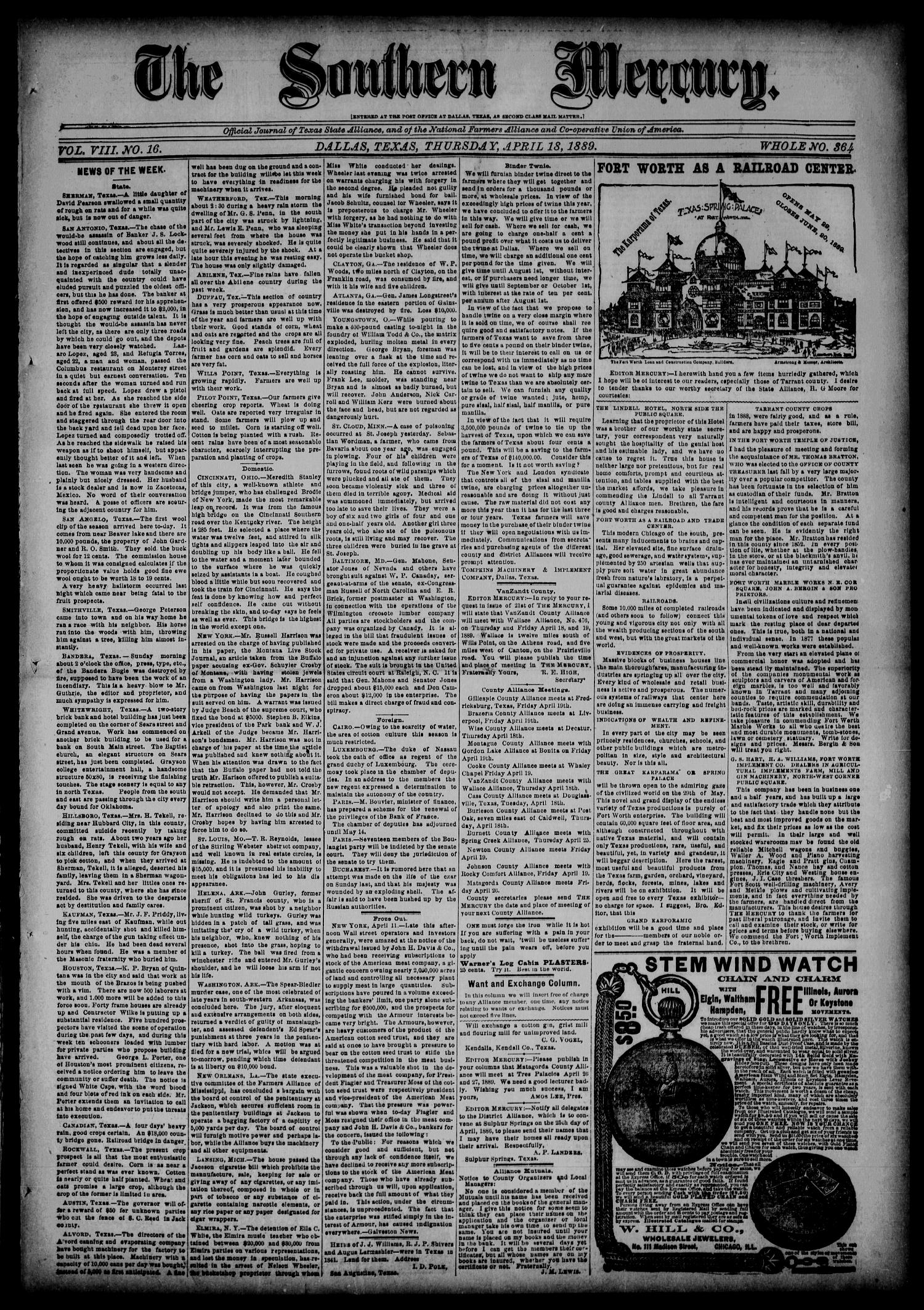 The Southern Mercury (Dallas, Tex.), Vol. 8, No. 16, Ed. 1 Thursday, April 18, 1889
                                                
                                                    [Sequence #]: 1 of 8
                                                