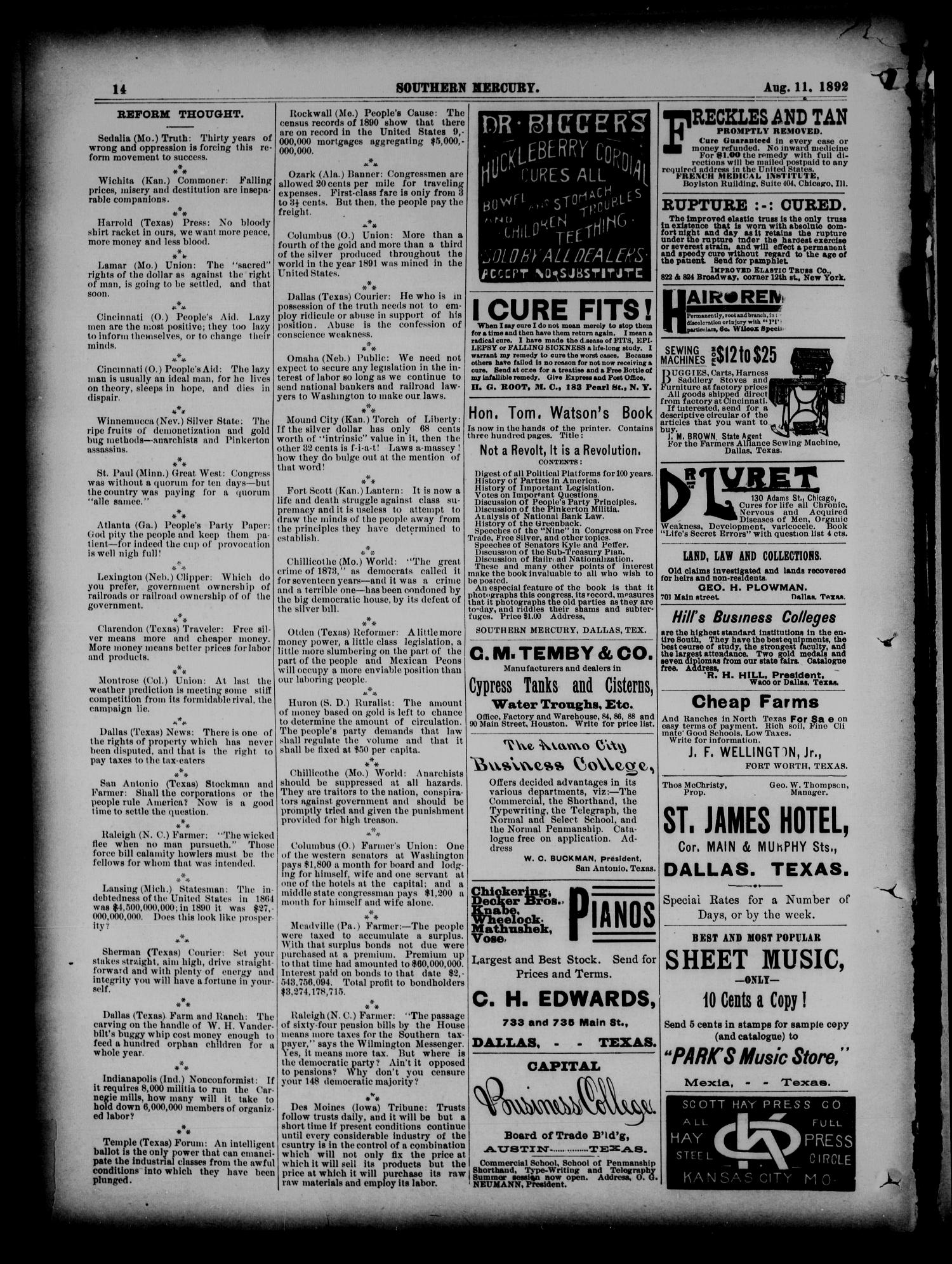 The Southern Mercury. (Dallas, Tex.), Vol. 11, No. 32, Ed. 1 Thursday, August 11, 1892
                                                
                                                    [Sequence #]: 14 of 16
                                                
