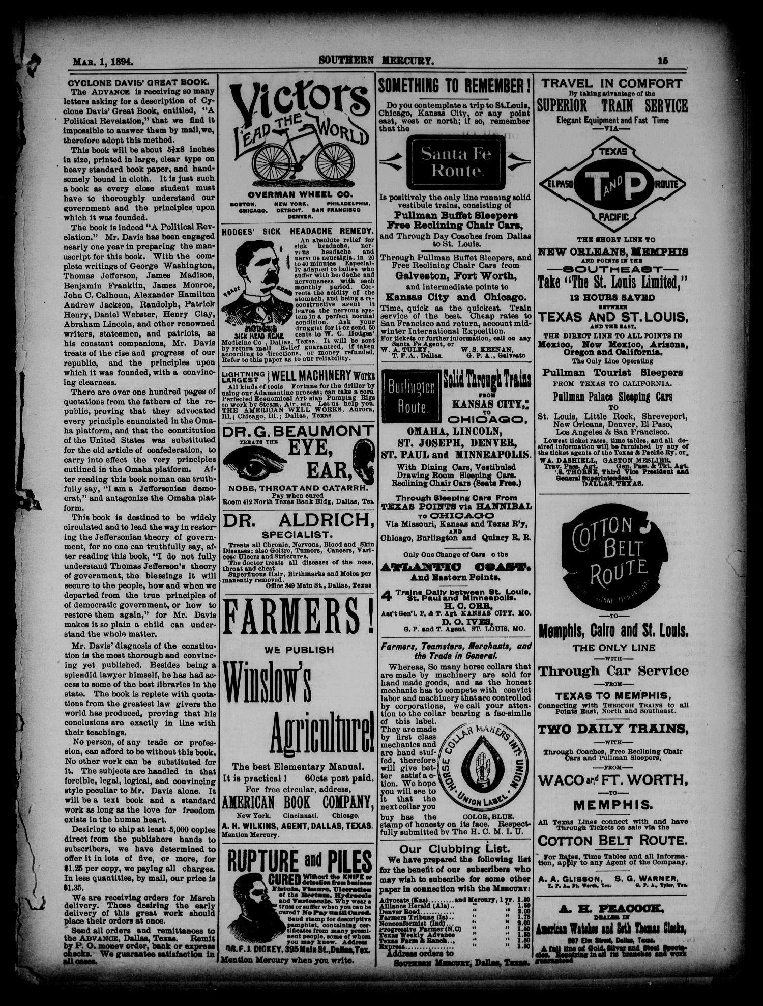The Southern Mercury. (Dallas, Tex.), Vol. 13, No. 9, Ed. 1 Thursday, March 1, 1894
                                                
                                                    [Sequence #]: 15 of 16
                                                