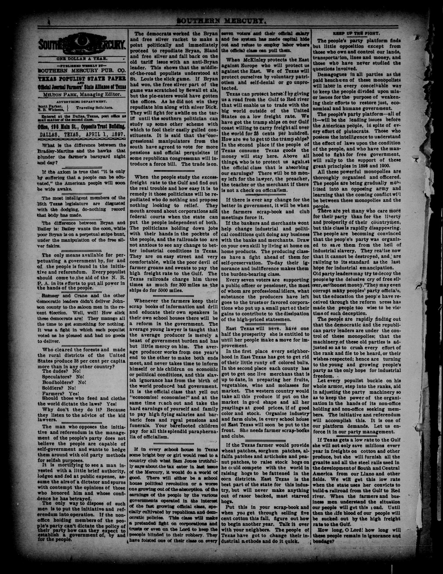 The Southern Mercury. (Dallas, Tex.), Vol. 16, No. 13, Ed. 1 Thursday, April 1, 1897
                                                
                                                    [Sequence #]: 4 of 16
                                                