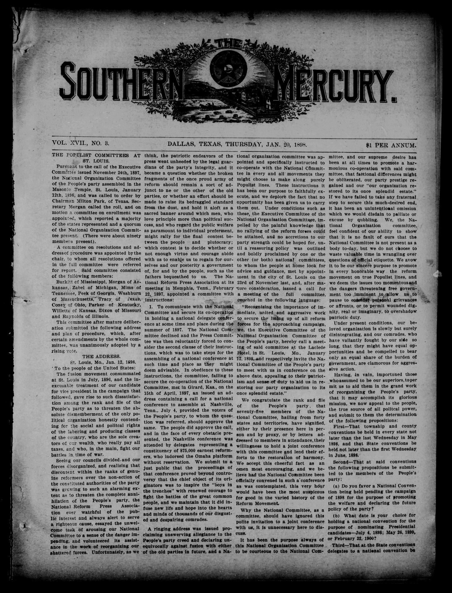 The Southern Mercury. (Dallas, Tex.), Vol. 17, No. 3, Ed. 1 Thursday, January 20, 1898
                                                
                                                    [Sequence #]: 1 of 16
                                                