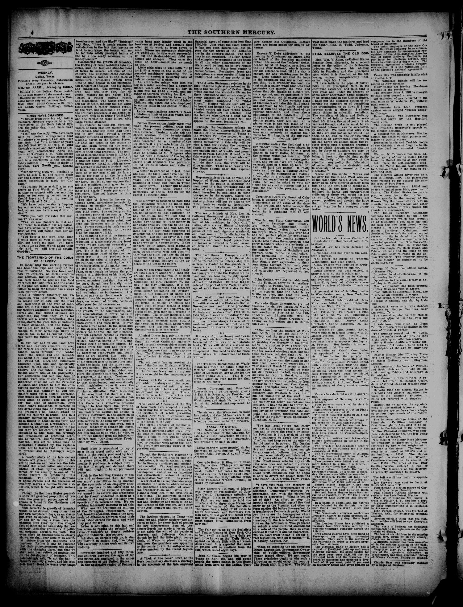 The Southern Mercury. (Dallas, Tex.), Vol. 23, No. 15, Ed. 1 Thursday, April 9, 1903
                                                
                                                    [Sequence #]: 4 of 8
                                                