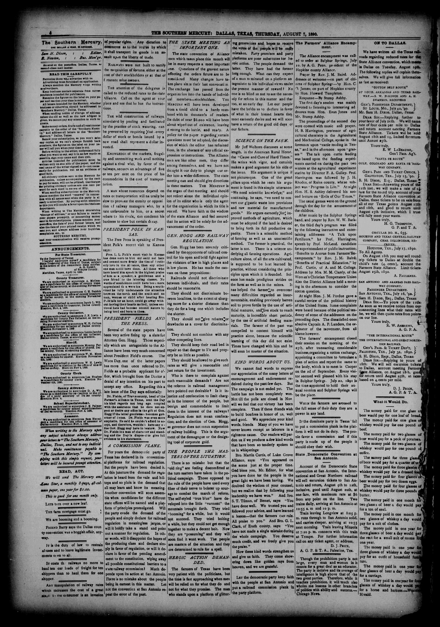 The Southern Mercury, Texas Farmers' Alliance Advocate. (Dallas, Tex.), Vol. 9, No. 32, Ed. 1 Thursday, August 7, 1890
                                                
                                                    [Sequence #]: 4 of 8
                                                