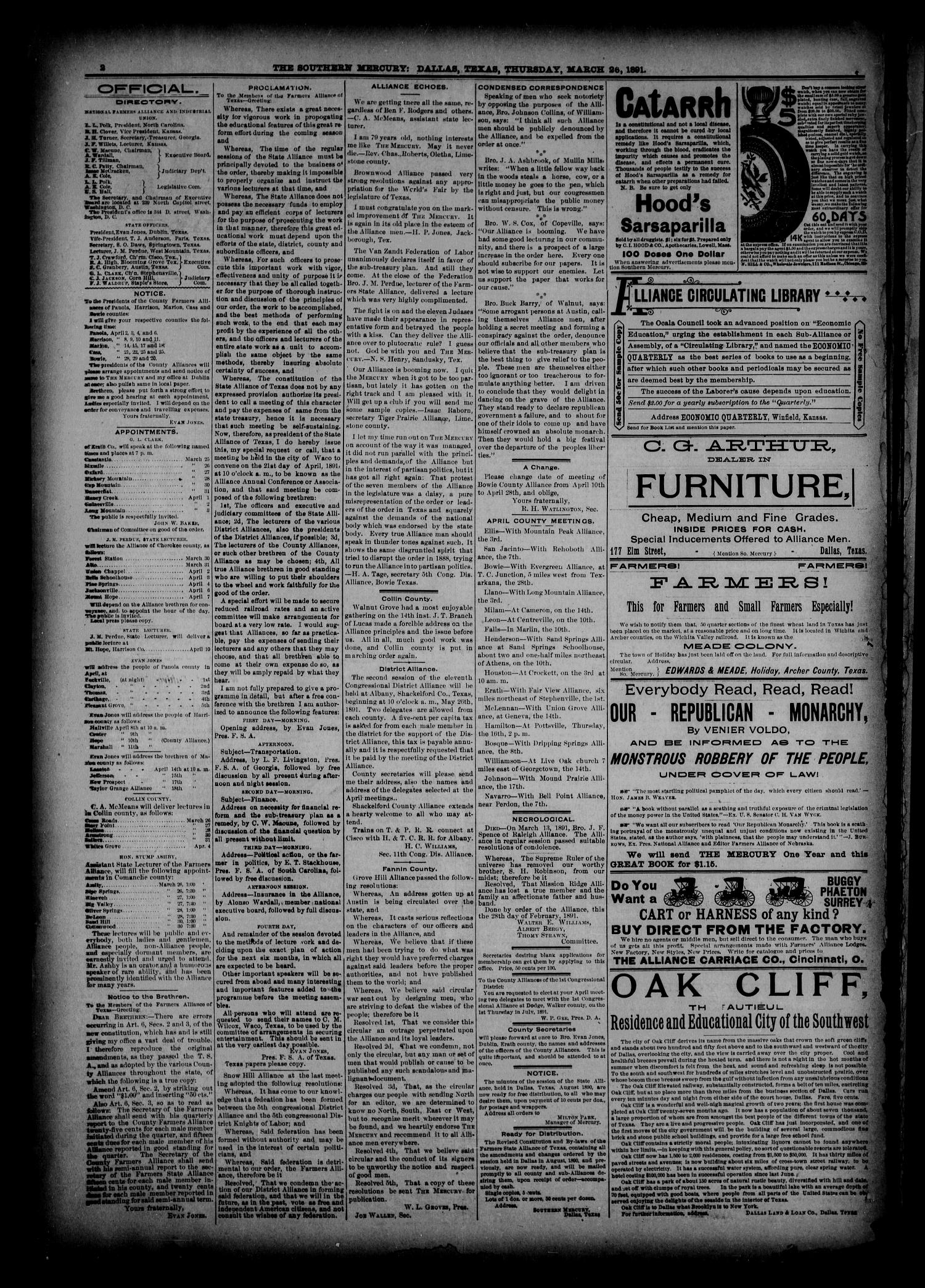 The Southern Mercury, Texas Farmers' Alliance Advocate. (Dallas, Tex.), Vol. 10, No. 13, Ed. 1 Thursday, March 26, 1891
                                                
                                                    [Sequence #]: 2 of 10
                                                