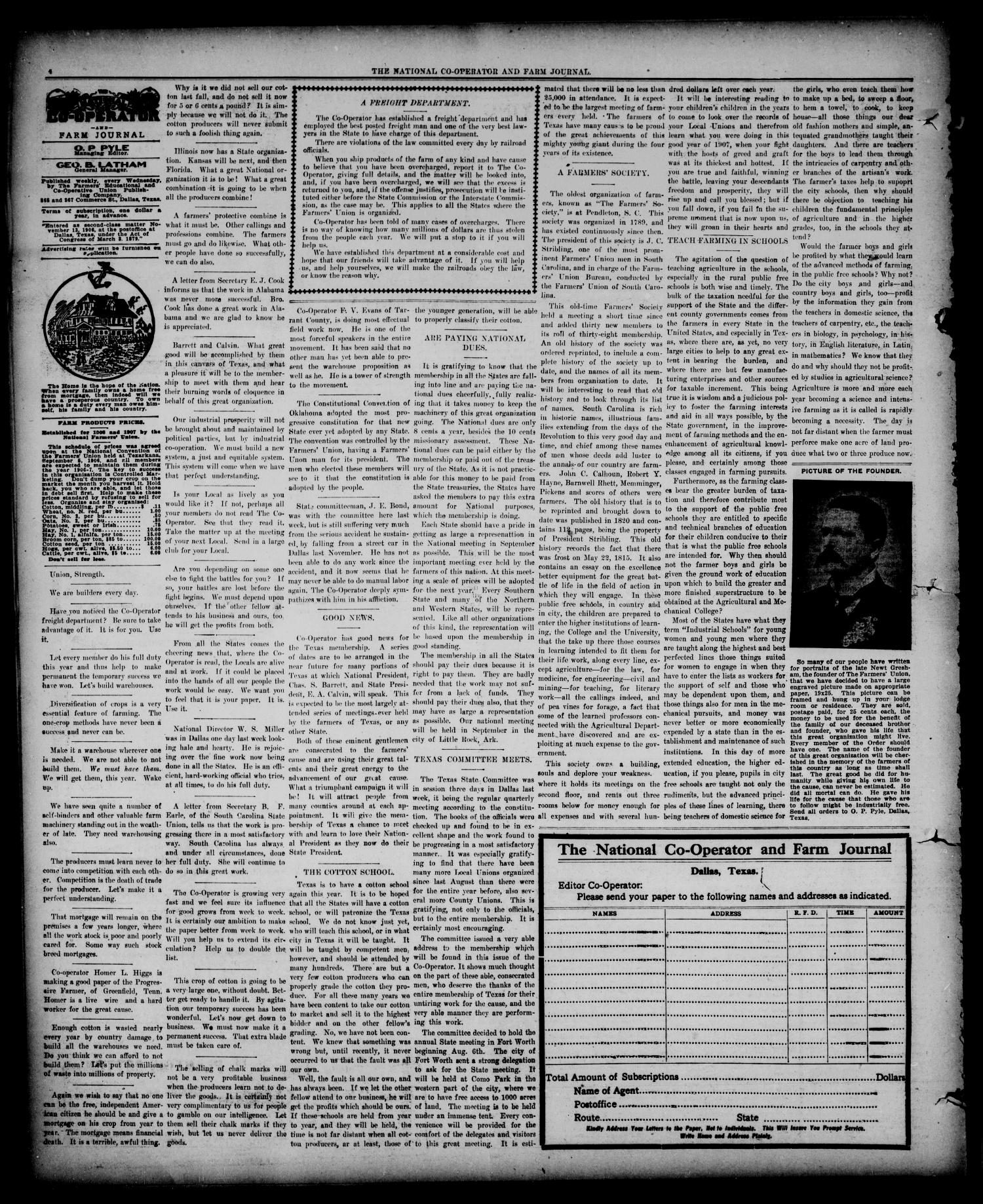 The National Co-operator and Farm Journal (Dallas, Tex.), Vol. 28, No. 27, Ed. 1 Wednesday, April 10, 1907
                                                
                                                    [Sequence #]: 4 of 8
                                                