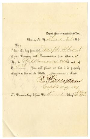 Primary view of object titled '[Letter from S. P. Sundam to the Commanding Officer, November 21, 1864]'.