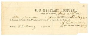 Primary view of object titled '[Hospital discharge notice, March 21, 1865]'.