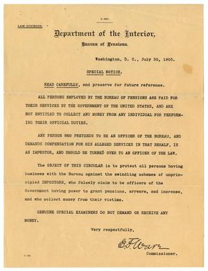 Primary view of object titled '[Circular from U. S. Bureau of Pensions, July 30, 1903]'.