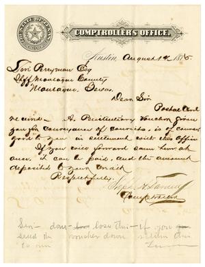 Primary view of object titled '[Letter from Comptroller of Public Accounts Stephen H. Darden to Levi Perryman, August 14, 1875]'.