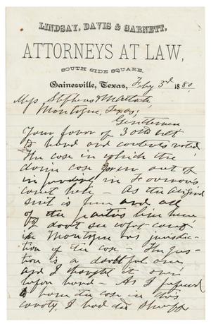Primary view of object titled '[Letter from W.O. Davis to Misters Stephens and Matlock, February 3, 1880]'.